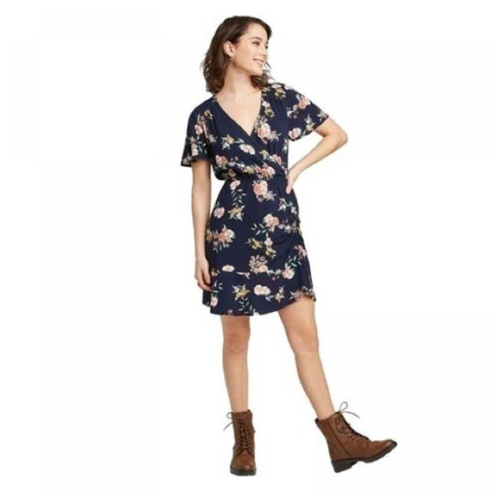 CLEARANCE NWOT Navy Blue Floral Faux Wrap Surplice Dress New
